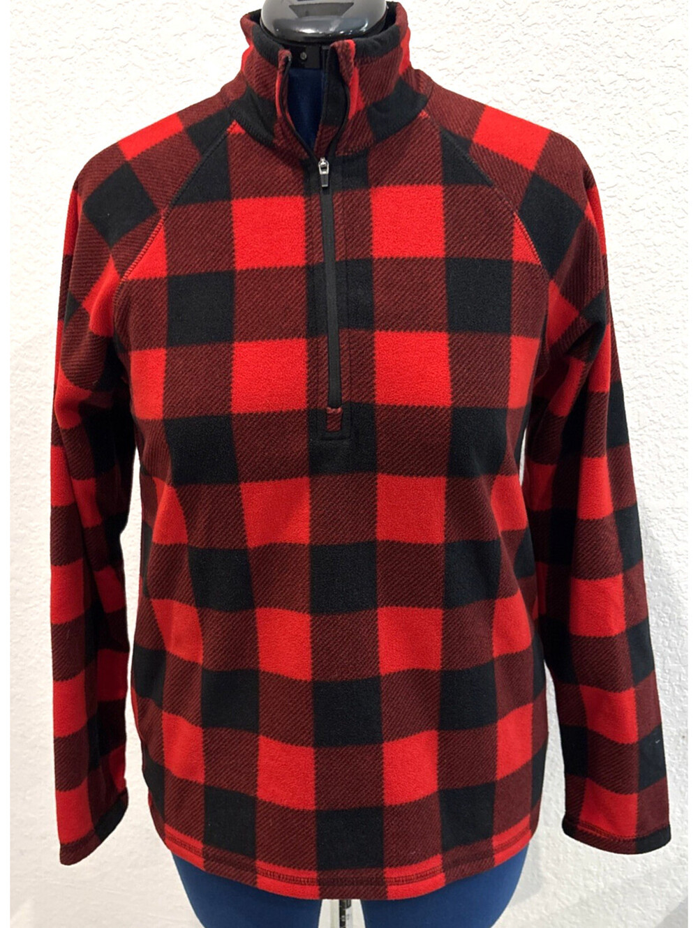 Eddie Bauer Women M Red Black Buffalo Plaid 1/4 Zip Fleece Pullover